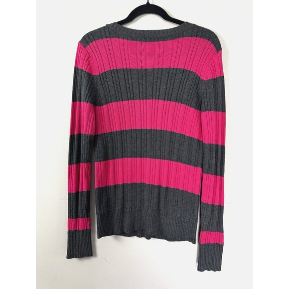 VTG Y2K Arizona Pink Charcoal Striped V-Neck Cable Knit Sweater XL 90s Cozy Knit - Picture 2 of 9